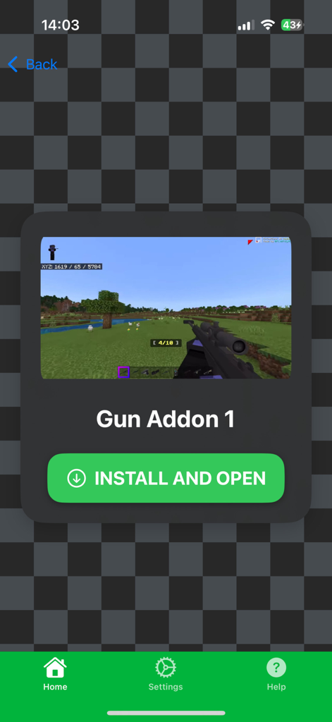 Bildschirm der mobilen App, der eine Vorschau eines Scharfschützen-Gewehr-Addons für Minecraft mit Installations- und Öffnen-Schaltfläche zeigt.