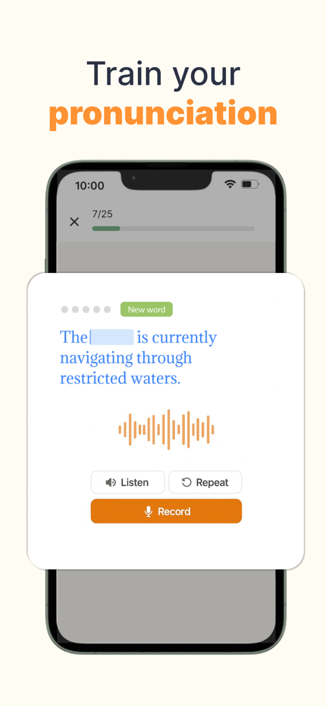 PeakTalk app screen showing a pronunciation exercise with maritime industry terminology