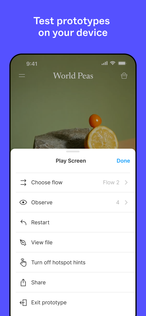 Figma - A screen from the Figma mobile app showing options to test and play interactive prototypes on an iPhone.