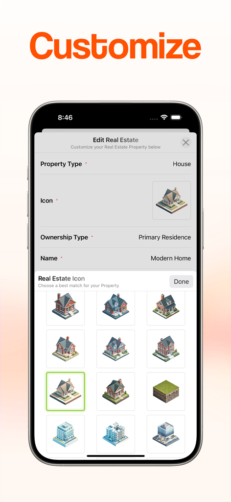 Interfaz para personalizar activos inmobiliarios en la aplicación DownPay con varios iconos de propiedades.