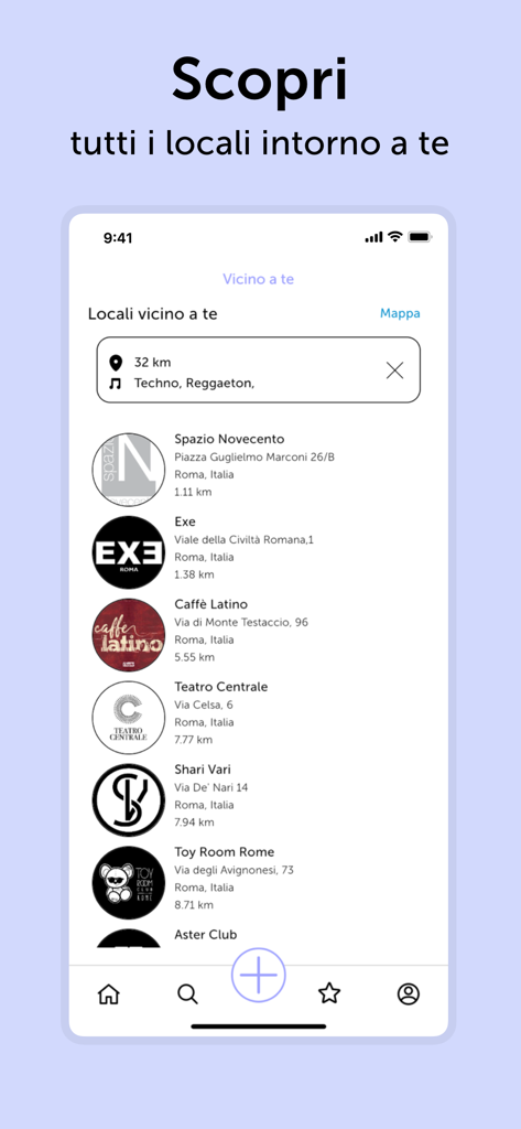 Overnight - Interfaz de la aplicación Overnight mostrando una lista de clubes y locales cerca del usuario con filtros de distancia y género