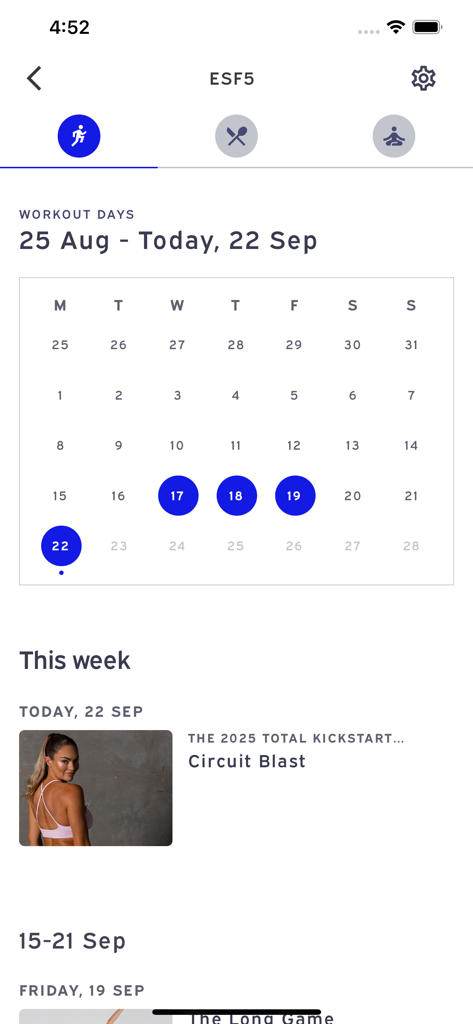 Emily Skye FIT: Workout App - A screenshot of the Emily Skye FIT app workout planner showing a monthly calendar with scheduled fitness sessions and daily workout details.