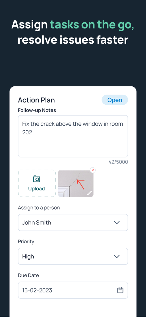 GoAudits mobile app interface showing a corrective action plan with task assignment and photo evidence
