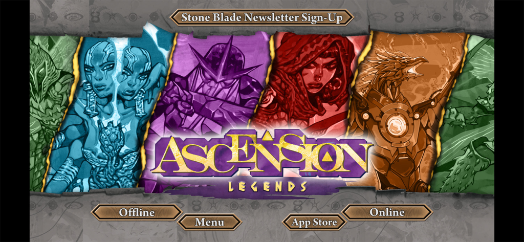 Ascension: Deckbuilding Game - Main menu screen of Ascension Legends featuring high-fantasy character artwork and navigation buttons for offline and online play.