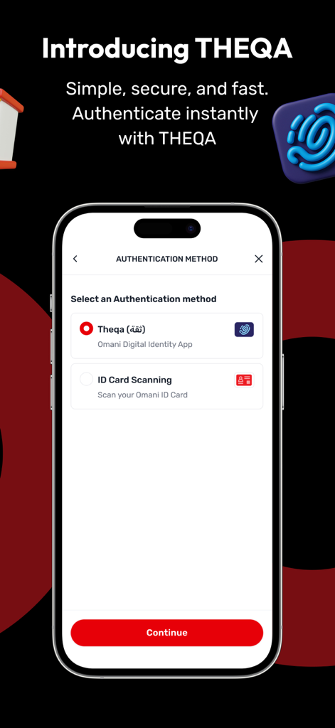 Ooredoo Oman - Ooredoo Oman App-Bildschirm mit THEQA-Digitalidentität und Authentifizierungsoptionen für das Scannen von ID-Karten.