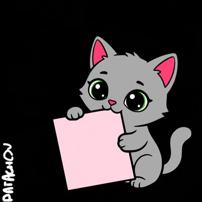 a small cat with a blank sheet of paper in its hand. the cat is sooooooo cute!
