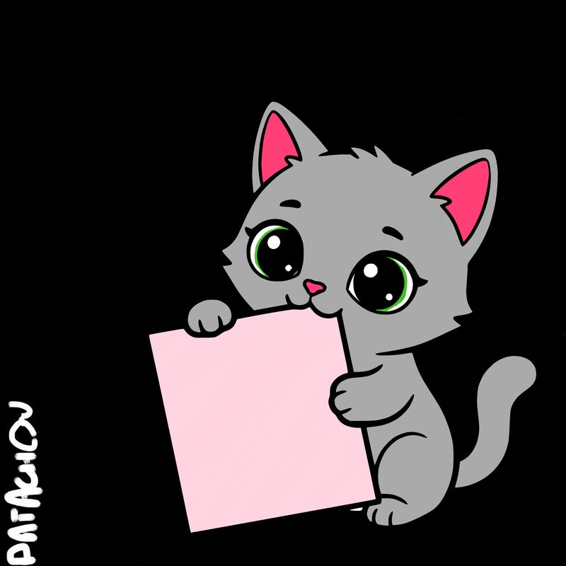 a small cat with a blank sheet of paper in its hand. the cat is sooooooo cute!