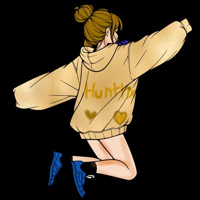 realistic girl jumping with a bun and oversized sweatshirt