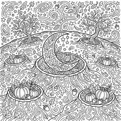 Journey to a fantastical moonscape where autumn has arrived! This unique coloring page blends lunar craters with fall pumpkins, leaves, and an adorable owl, offering a delightful creative escape.