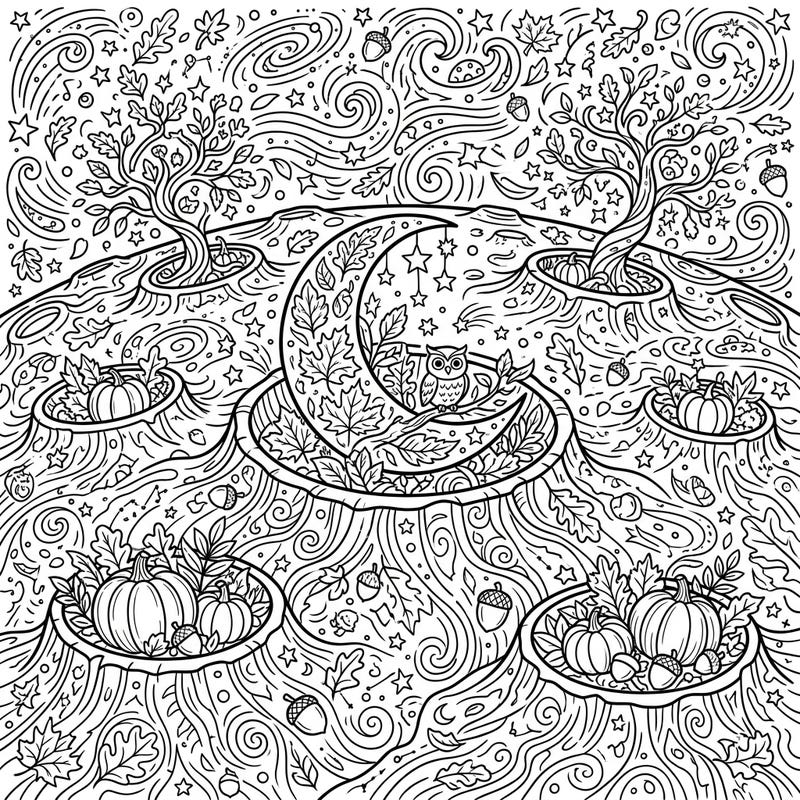 Journey to a fantastical moonscape where autumn has arrived! This unique coloring page blends lunar craters with fall pumpkins, leaves, and an adorable owl, offering a delightful creative escape.
