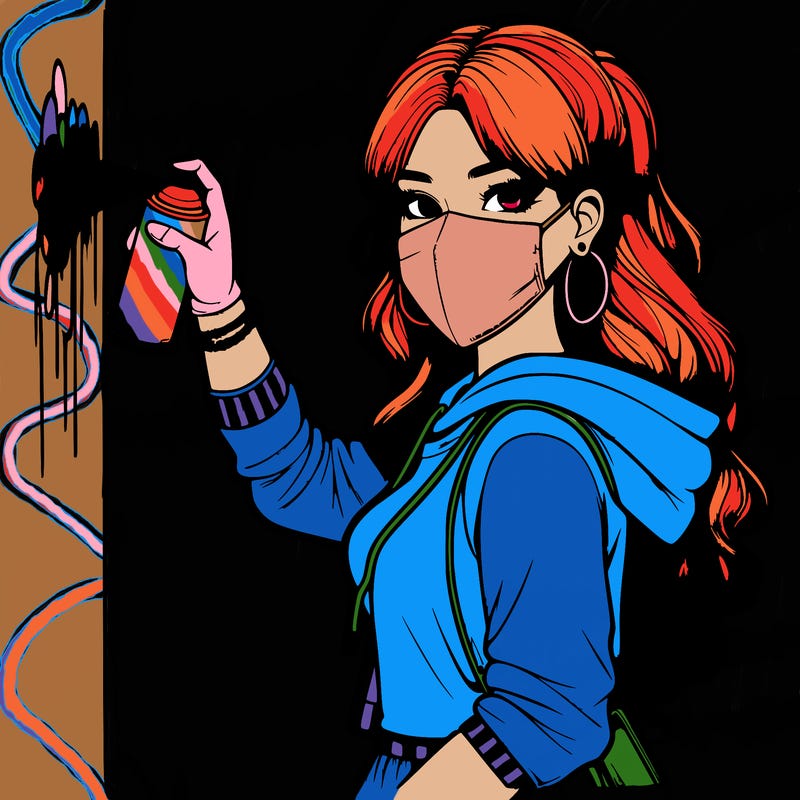 realistic girl with mask spray painting a wall