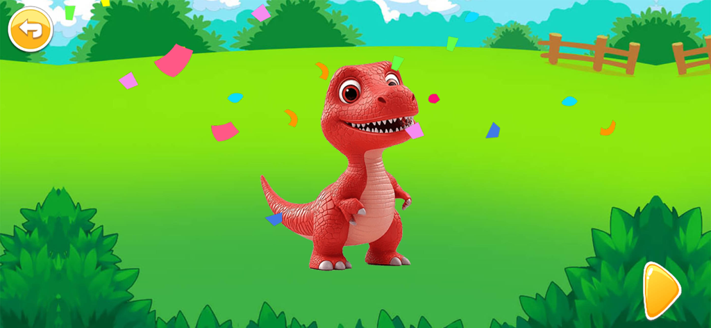 A smiling red cartoon dinosaur standing in a green field with colorful confetti falling