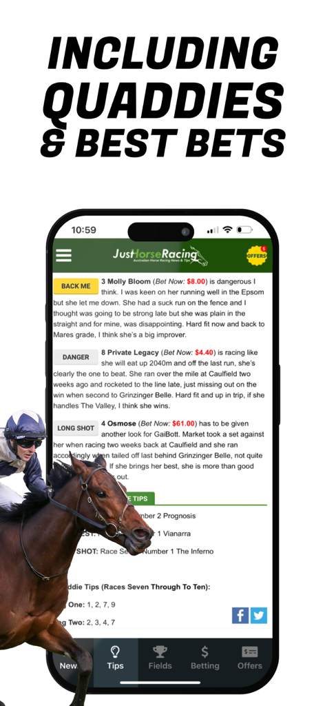 Just Horse Racing app interface showing expert betting tips and analysis