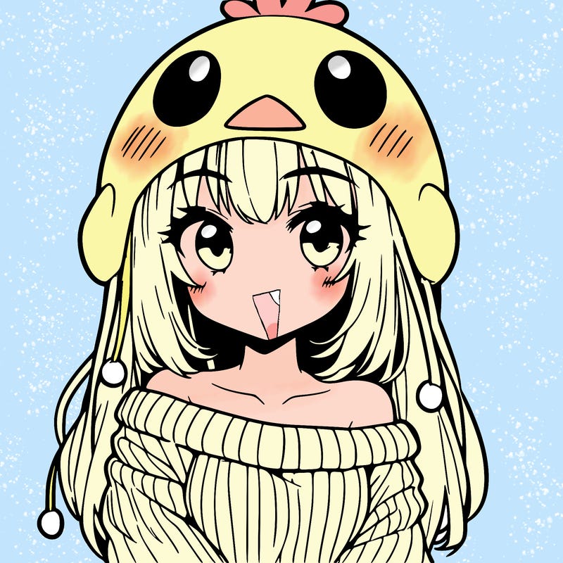 anime girl with chick shaped hat with sweater with bare shoulders with bangs covering them one eye with low tail