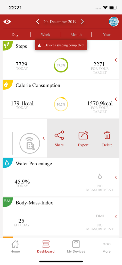 Dashboard of the Soehnle Connect app showing health metrics like steps calories water percentage and BMI