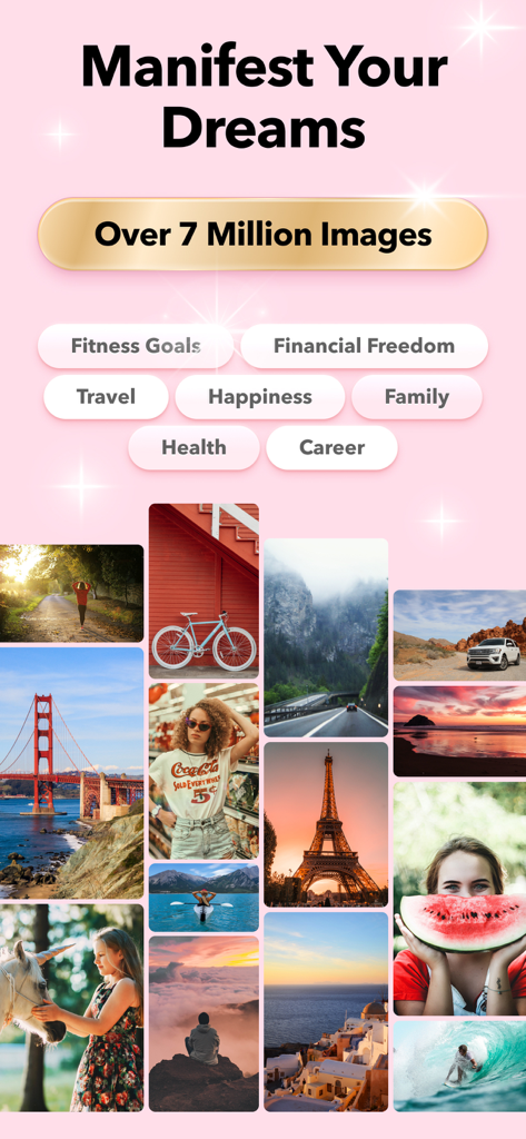 Vision Board 2026ㆍDreamer AI - Vision Board app interface showing an aesthetic photo collage and goal categories like fitness and travel under the text manifest your dreams