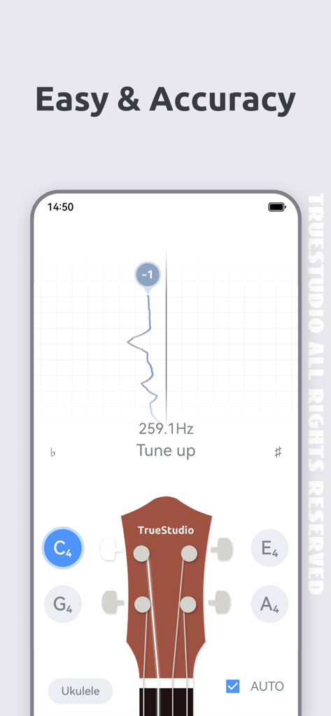 Ukulele Tuner - Ukutuna - Interfaccia dell'app accordatore per ukulele Ukutuna che mostra analisi dell'intonazione in tempo reale e meccaniche di accordatura