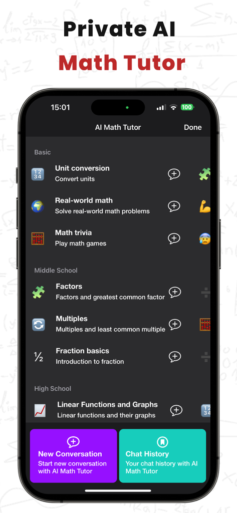 Mathly app interface showing AI math tutor topics for basic middle school and high school levels.