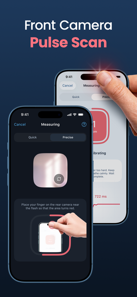 User measuring their heart rate using the front camera in the Heartica health tracker app.