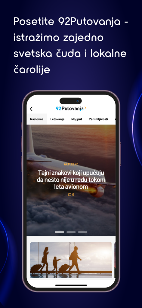 B92 mobile app travel section 92Putovanja showing travel news and airport imagery in Serbian