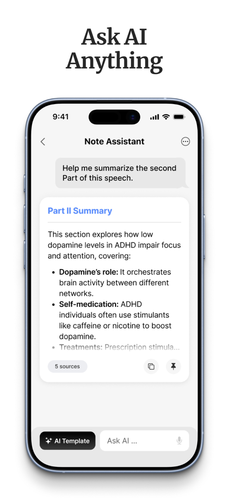 HyNote: AI Note Taker, Summary - ドーパミンとADHDに関するスピーチを要約するHyNote AIアシスタントを表示するスマートフォンの画面