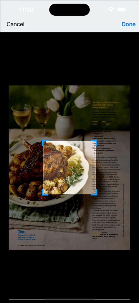 Digital magazine recipe for air fryer lamb leg with crispy potatoes in the BBC Good Food ME app