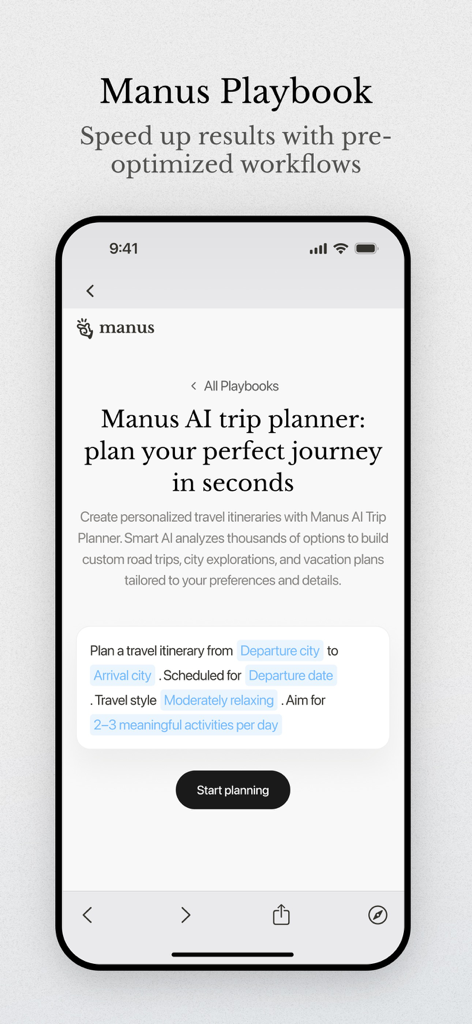 Manus AI - Interfaz de la aplicación móvil Manus AI que presenta un planificador de viajes de IA para crear itinerarios de viaje personalizados.