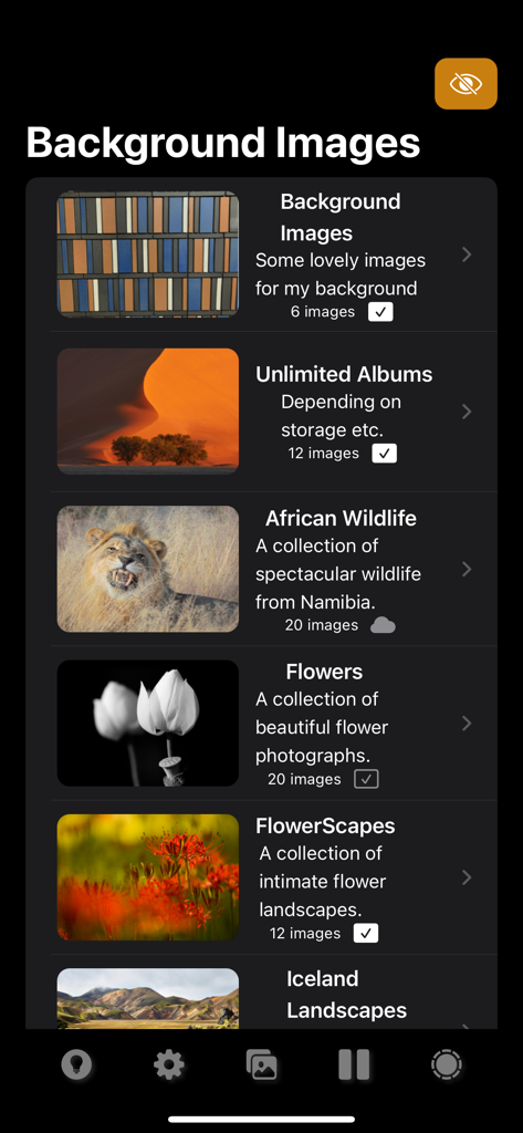 PhotoClock Pro - Interface showing professional photography albums for background customization in PhotoClock Pro.