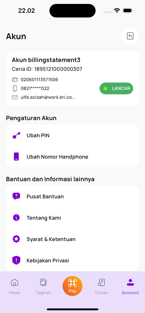 BRI Ceria - Tela de configurações de perfil e conta do usuário no aplicativo móvel BRI Ceria