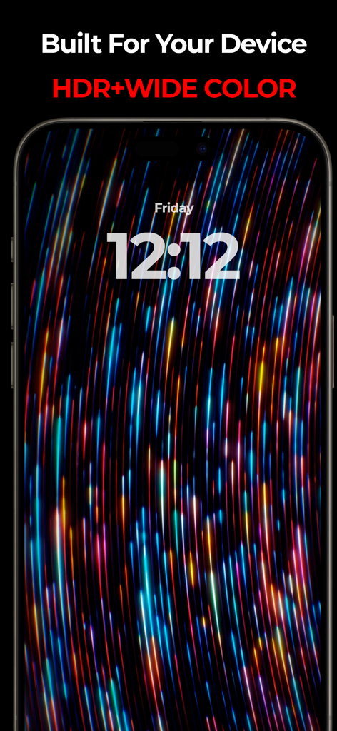 Black Lite - Live Wallpapers - iPhone lock screen displaying a vibrant HDR wide color live wallpaper with colorful vertical light streaks.