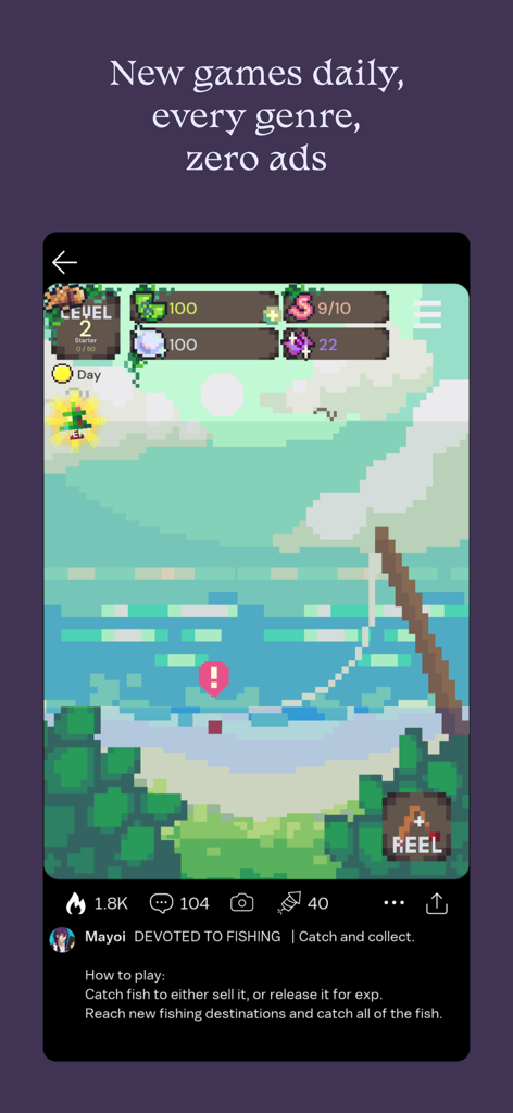 Castle - Make and Play - Castleアプリ内で作成されたピクセルアートの釣りゲームを表示する携帯電話画面。ソーシャルメディアのインタラクションとゲームの統計情報が表示されています。