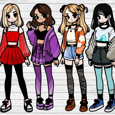 one girl with crop-top shirt and a jacket with a skirt, long socks and another girl with a shirt and pants with a jacket