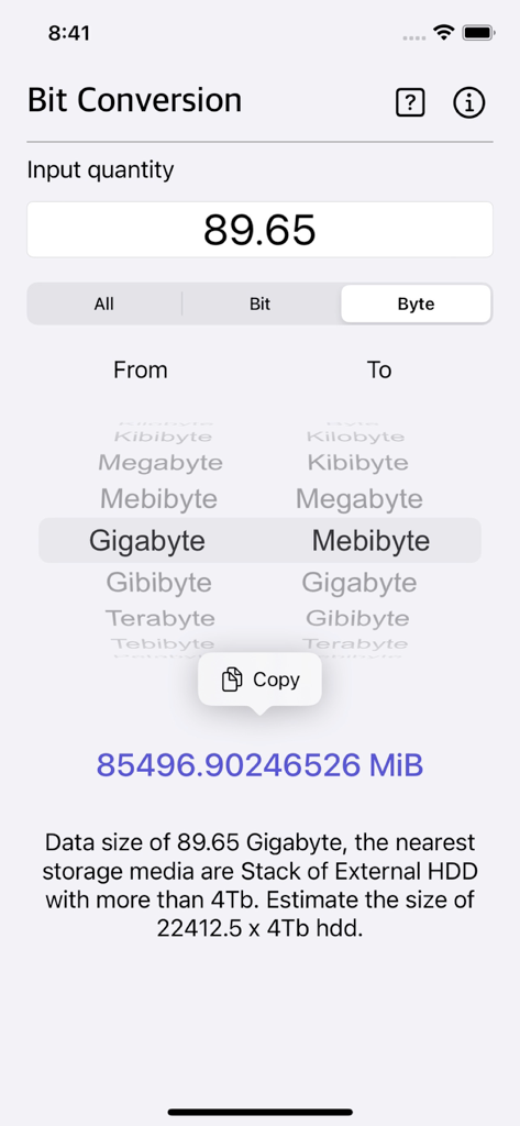 Bit Converter Plus - Bit Converter Plus app interface showing a conversion from Gigabytes to Mebibytes with a data size estimation