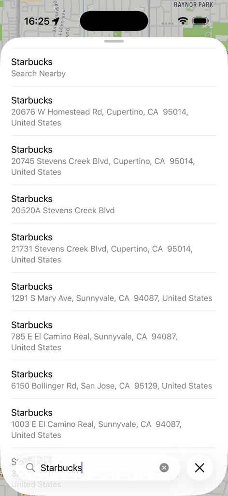 Simple Direction Navigator - Simple Direction Navigator app showing a minimalist list of search results for Starbucks locations.