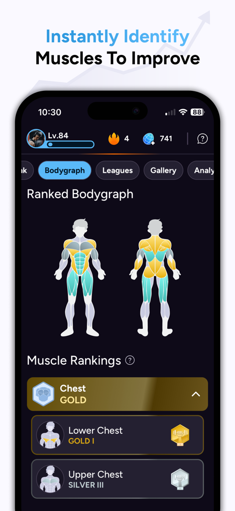 Liftoff - Ranked Gym Workouts - A mobile app interface showing a visual bodygraph with muscle group rankings and progress data for chest and other muscles.