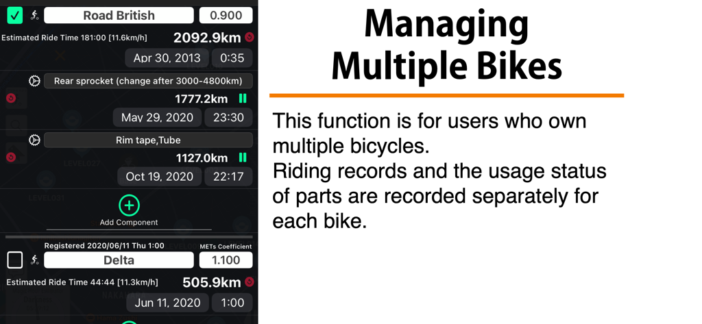 Bucephalas Tabula rasa - Interface of the Bucephalas Tabula rasa app demonstrating the multiple bike management and component maintenance tracking feature.