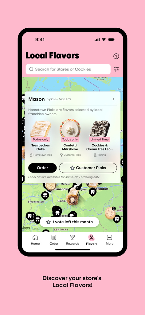 iPhone screen showing the Crumbl app Local Flavors feature with a map of store locations and local cookie picks