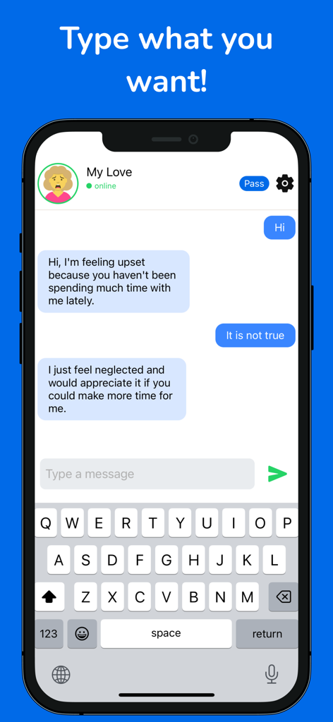 Chat Game - Truth or Lie - Mobile screenshot of Chat Game Truth or Lie featuring a simulated text conversation with a character named My Love and a free writing text interface