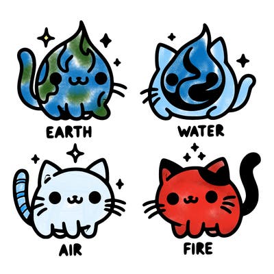 4 cats that represent the different elements, earth, water, air, and fire