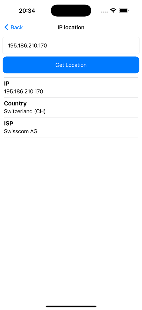 Der IP-Standortbildschirm der NetTools-App zeigt geografische und ISP-Details für eine bestimmte IP-Adresse an.