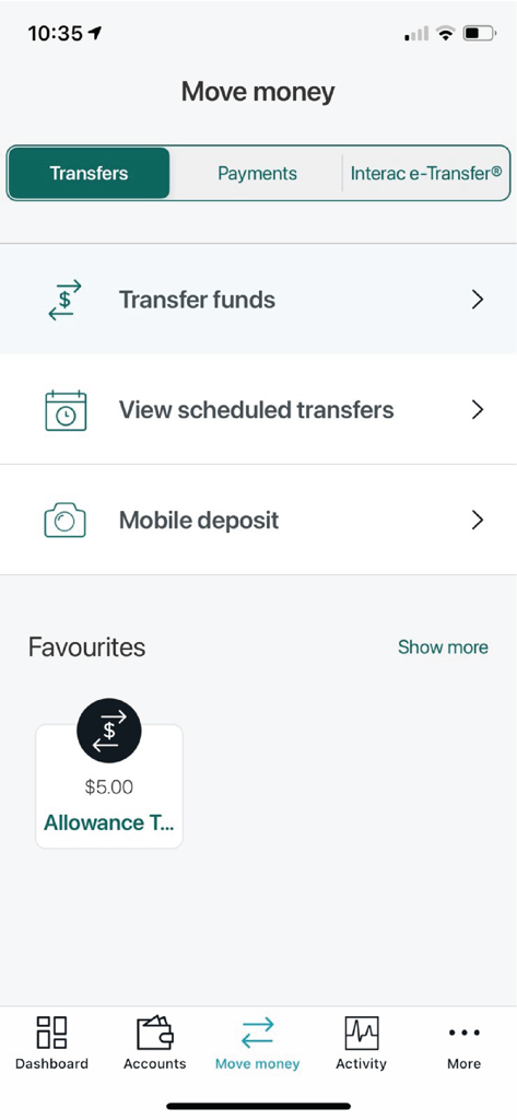 Interface of the Connect First mobile banking app Move money section with transfer and deposit options