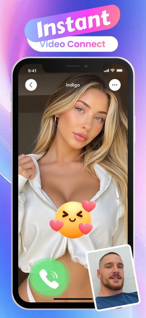 Amor: Live, Video, Call - Interfaccia dell'app Amor che mostra una videochiamata istantanea tra due persone con un grande pulsante di chiamata.