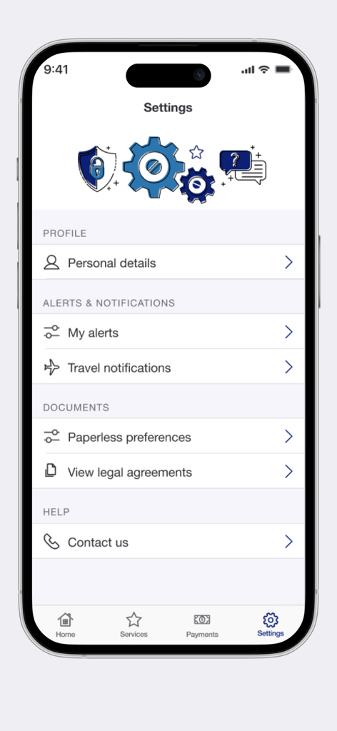 Menu de configurações do aplicativo Elan Credit Card com opções de detalhes pessoais, alertas e ajuda.