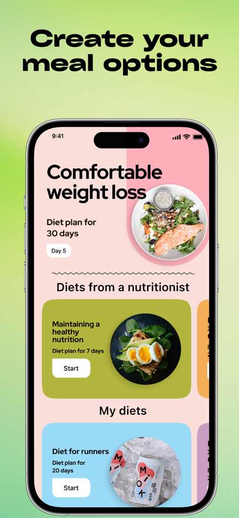 Diet: Weight loss Healthy food - Interfaz de la app móvil mostrando planes de dieta personalizados para la pérdida de peso y nutrición saludable
