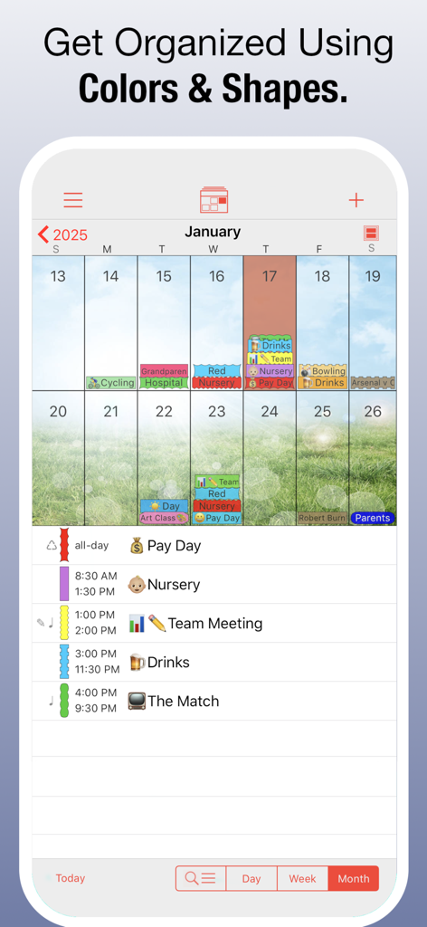 PocketLife Calendar - Interfaccia dell'app PocketLife Calendar che mostra eventi personalizzati con colori e forme personalizzate
