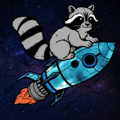 realistic raccoon flying on top rocket ship