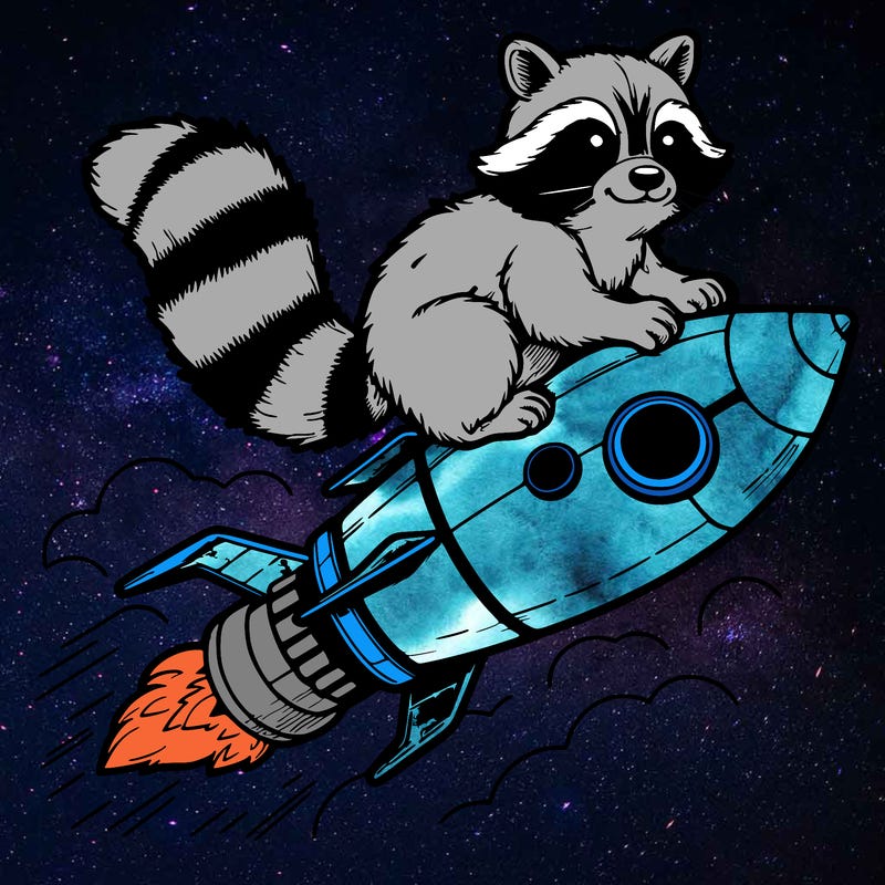 realistic raccoon flying on top rocket ship