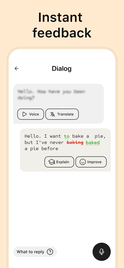 FalaBola: AI Language Learning - FalaBola app interface showing AI grammar correction and instant feedback during a chat session