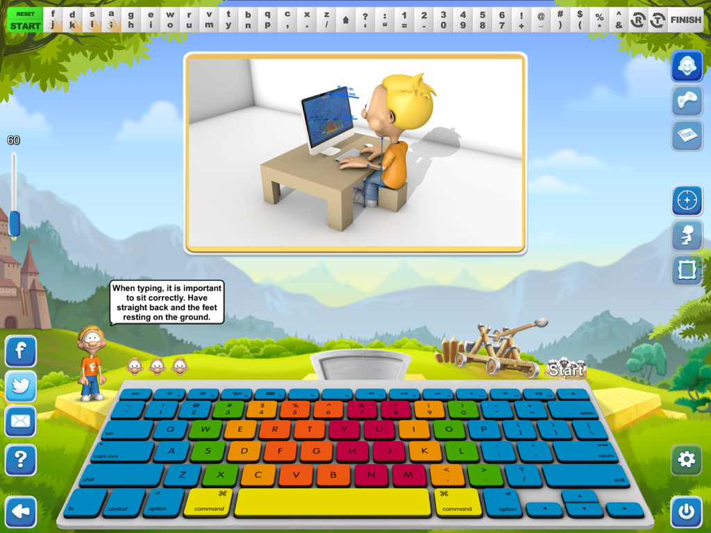 Typing Fingers - A lesson from the Typing Fingers app showing correct sitting posture at a computer and a colorful QWERTY keyboard