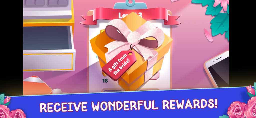 Wedding Dash: Dress-Up Games - A golden gift box with a pink bow and a tag saying a gift from the bride in Wedding Dash
